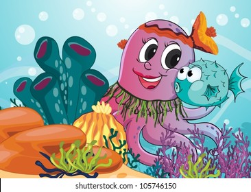 illustration of octopus and blue fish in deep water sea