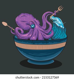 Illustration of octopus in a bowl, Perfect for design of t-shirts, stickers, merchandise, etc.