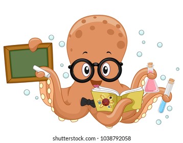 Illustration of an Octopus Chemistry Teacher Holding a Book, Blackboard and Chemicals