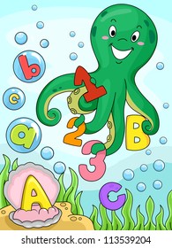 Illustration of An Octopus Collecting Numbers and Letters of the Alphabet