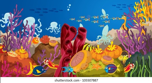 illustration of octopus and coral in deep water