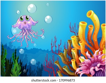 Illustration of an octopus and the coral reefs under the sea on a white background