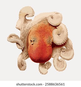 Illustration of an octopus with curled tentacles. The octopus is depicted in shades of orange and beige, showcasing its detailed texture and form. Marine life vintage vector illustration.