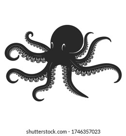 Illustration of octopus in engraving style. Design element for logo, label, sign, poster, t shirt. Vector illustration