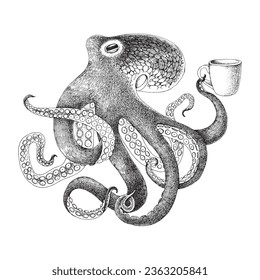 Illustration von Tintenfisch, der eine Kaffeetasse hält