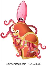 Illustration of an octopus inside the treasure box on a white background