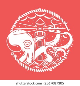 Illustration of Octopus and lighthouse tower for a logo or merchandise design