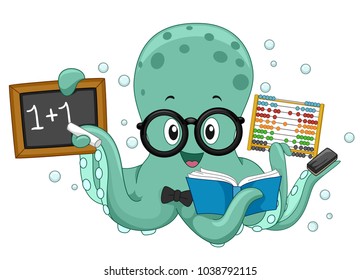 Illustration of an Octopus Math Teacher Holding a Blackboard, Book and Abacus