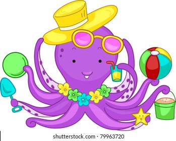 Illustration of an Octopus Playing in the Beach