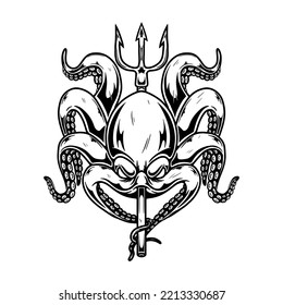 Illustration of octopus with poseidon trident. Design element for poster, card, banner, emblem, sign. Vector illustration