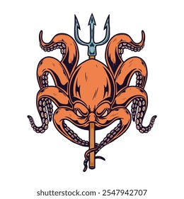 Illustration of octopus with poseidon trident. Design element for poster, card, banner, emblem, sign. Vector illustration