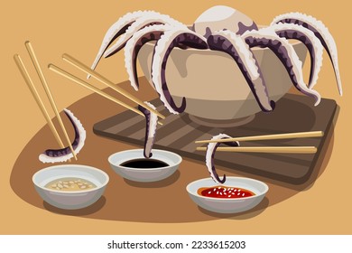 Illustration of an octopus with sauces and chopsticks. Asian cuisine with seafood. Octopus with sauces is eaten with chopsticks. Suitable for printing a flyer, banner.