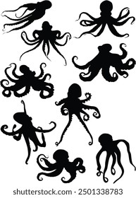 illustration with octopus silhouettes isolated on white background