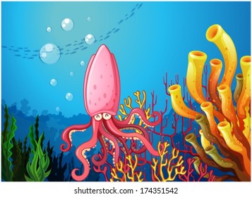 Illustration of an octopus under the ocean on a white background