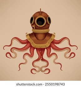 Ilustración de pulpo y casco de buceo vintage