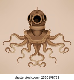 Ilustración de pulpo y casco de buceo vintage