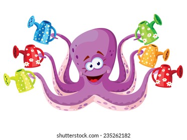 illustration of a octopus with watering set