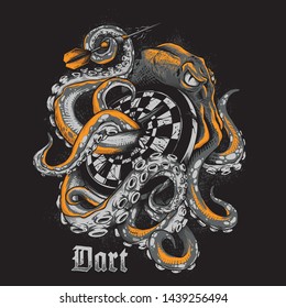 illustration of an octopus wrapped around a dart board for posters, shirt designs or something else