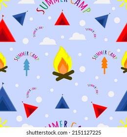 Illustration od summer camp seamless pattern on blue background.