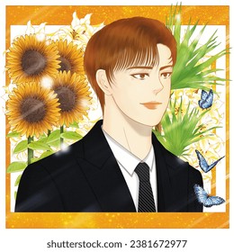 Illustration of: a handsome guy who welcomes his girlfriend with a warm smile.