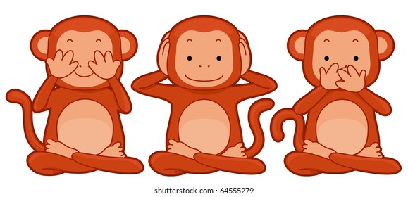 Illustration ofa Group of Monkeys Representing the See No Evil, Hear No Evil, Speak No Evil Proverb