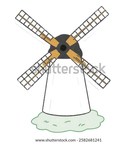 A Illustration of an off white windmill with  sails, ideal for village landscapes, farm themed graphics, and nostalgic rural scenes.