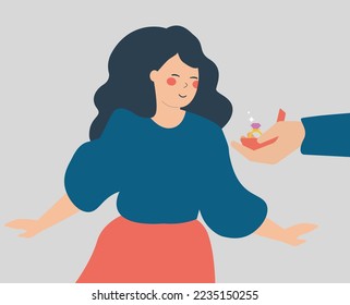 Illustration of an offer or proposal of marriage. Cute couple in love. Man proposes a woman to marry him and give an engagement ring to his girlfriend or lover. Vector stock