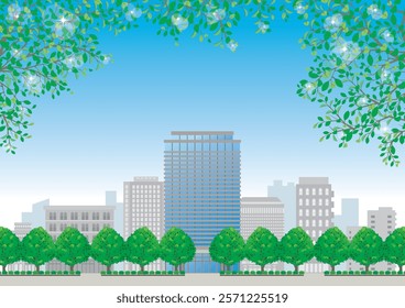 Illustration of an office building in the fresh green season.