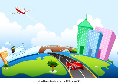 illustration of office building and road on globe