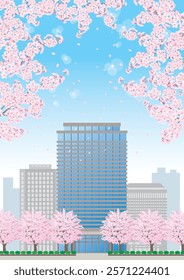 Illustration of an office building in spring with cherry blossoms blooming.