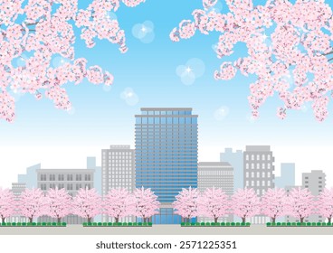 Illustration of an office building in spring with cherry blossoms blooming.