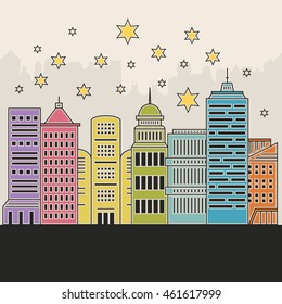 Illustration of office buildings - cityscape made in trendy line style vector. Modern city skyline. Office buildings - graphic element for real estate or construction company. Modern life concept.