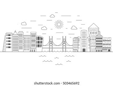 Illustration of office buildings - cityscape made in trendy line style vector. Modern city skyline. Office buildings - graphic element for real estate or construction company. Modern life concept.