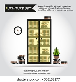 Illustration of office case, box with folders and plant, web icon, vector.