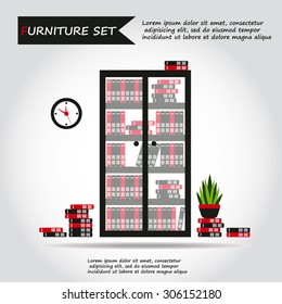Illustration of office case, box with folders and plant, web icon, vector.
