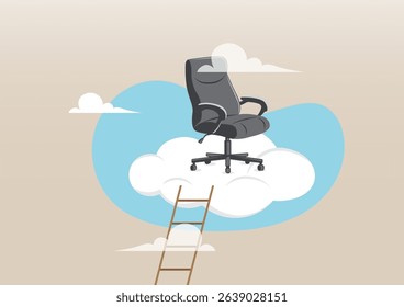 An illustration of an office chair placed on a cloud with a ladder reaching up to it, representing the idea of a dream job or career aspirations