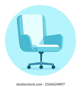 An illustration of an office chair with wheels on a blue background.