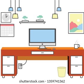 Illustration of an office desk with computer, clock, lamp and a hot cup of coffee. Vector work space concept.
