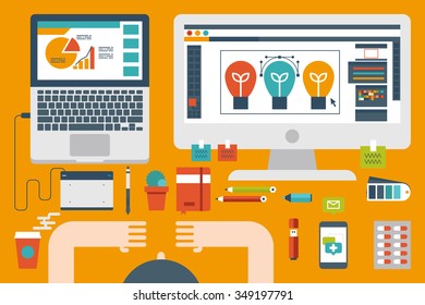 Illustration of office desk flat design concept, person work on graphic design and prepare information presentation