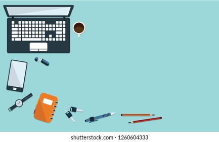 Illustration of office desk and stationary in flat style top view. 