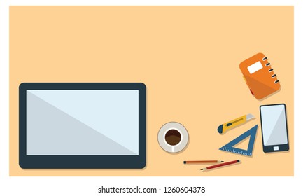 Illustration of office desk and stationary in flat style top view. 