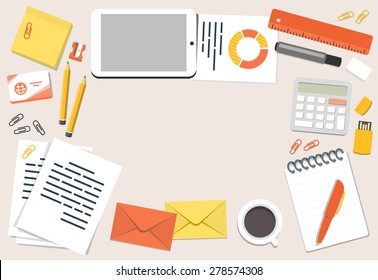 Illustration Of Office Desk And Stationary In Flat Style, Top View With Copy Space