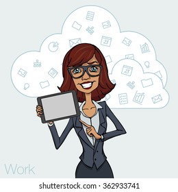 Illustration of office  employee showing tablet screen for presentation applications. Tools for remote working via mobile devices. Woman with tablet pointing finger. Cloud services and technologies.