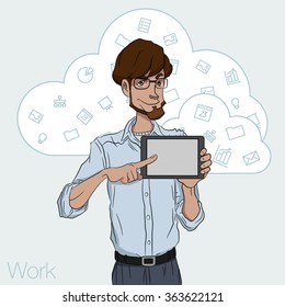 Illustration of an office  employee showing tablet screen for presentation applications. Tools for remote working via mobile devices. Man with tablet pointing finger. Cloud services and technologies.