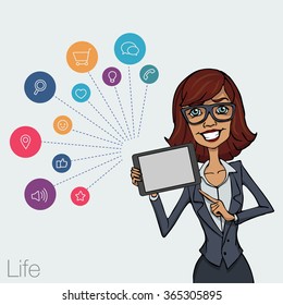 Illustration of office  employee showing tablet screen for presentation applications. Tools for remote working via mobile devices. Woman with tablet pointing finger. Cloud services and technologies.