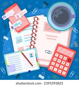 illustration of office equipment and applicant and contract documents such as books and note paper, pens and paper clips, calendar icons, glasses and clocks