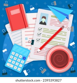 illustration of office equipment and applicant and contract documents such as books and note paper, pens and paper clips, calendar icons, glasses and clocks