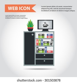 Illustration of office furniture, interior. Case, box with folders, television and plant, web icon, vector.