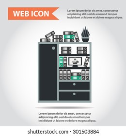Illustration of office furniture, interior. Case, box with folders, television and plant, web icon, vector.