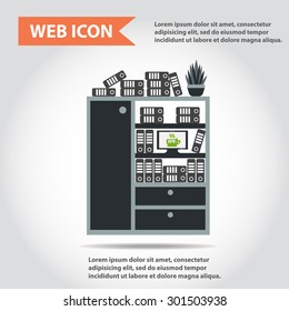 Illustration of office furniture, interior. Case, box with folders, television and plant, web icon, vector.